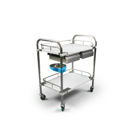 2-shelf stainless steel medicine and equipment trolley with edges, drawer and basket 2-shelf stainless steel medicine and equipment trolley with edges, drawer and basket