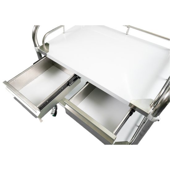 2-shelf stainless steel medicine and equipment trolley with edges, drawer and basket 2-shelf stainless steel medicine and equipment trolley with edges, drawer and basket