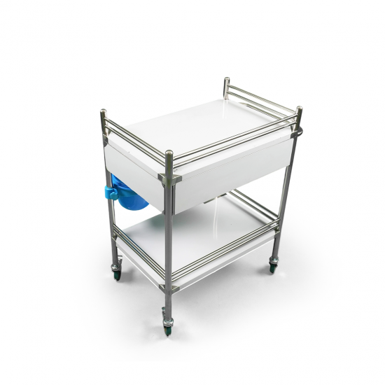 2-shelf, wide-edged, stainless steel medicine and equipment trolley with drawer and basket 2-shelf, wide-edged, stainless steel medicine and equipment trolley with drawer and basket