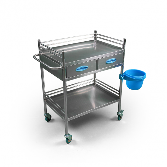 2-shelf, wide-edged, stainless steel medicine and equipment trolley with drawer and basket 2-shelf, wide-edged, stainless steel medicine and equipment trolley with drawer and basket