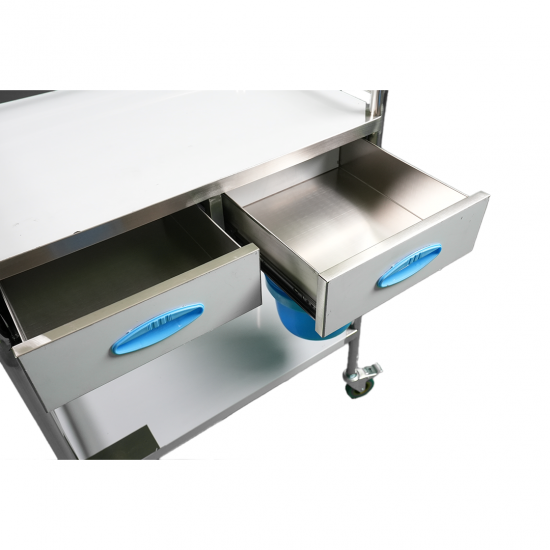 2-shelf, wide-edged, stainless steel medicine and equipment trolley with drawer and basket 2-shelf, wide-edged, stainless steel medicine and equipment trolley with drawer and basket