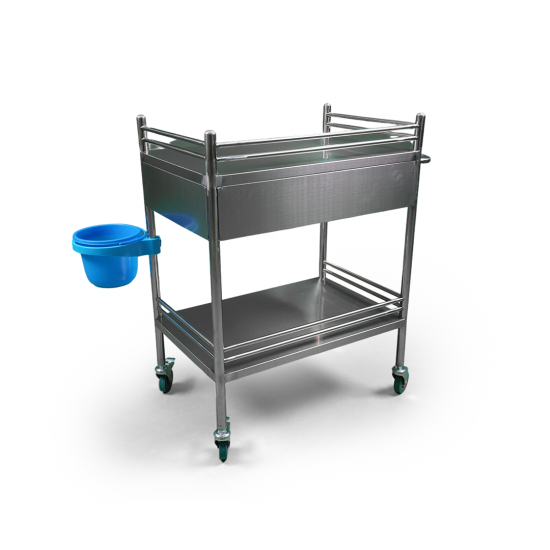2-shelf, wide-edged, stainless steel medicine and equipment trolley with drawer and basket 2-shelf, wide-edged, stainless steel medicine and equipment trolley with drawer and basket
