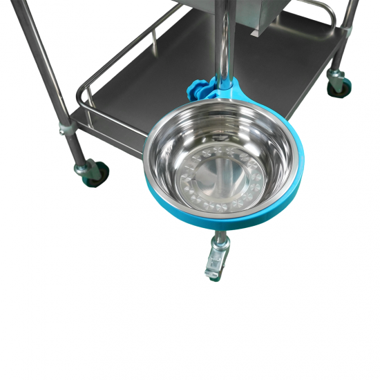 2-shelf, wide-edged, stainless steel medicine and equipment trolley with drawer and basket 2-shelf, wide-edged, stainless steel medicine and equipment trolley with drawer and basket